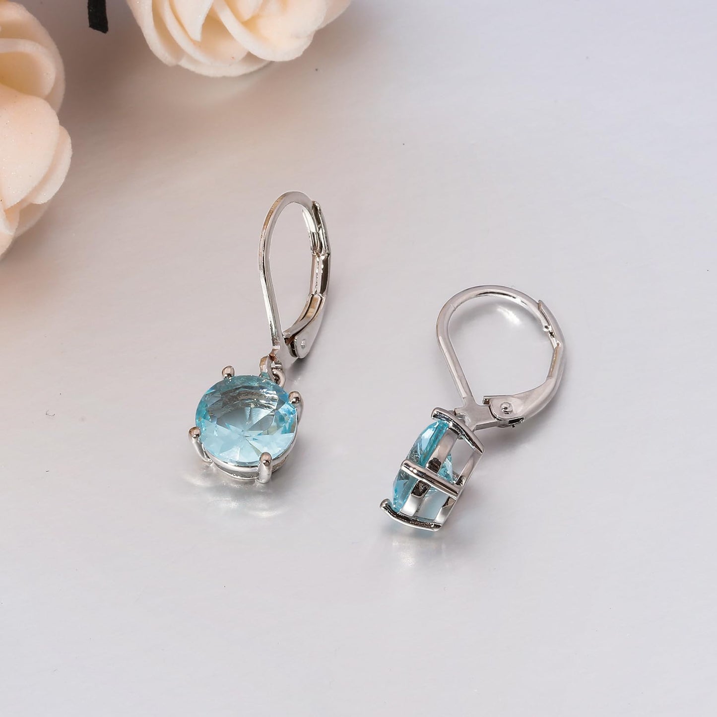 CiNily Leverback Dangle Earrings Created Light Blue Crystal Drop Earrings White Gold Plated Summer Jewelry for Women 8 mm