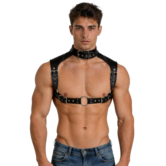 Men's PU Leather Gothic Punk Chest Harness Belt, Adjustable Body Strap with Metal O-Ring, Festival Rave Clubwear Costume Top for Cosplay Halloween Party Nightclub Wear Black