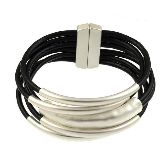 YKKZART Leather Bracelets Multilayer Black Leather wrap Bracelets Chunky Silver Tube Bangles Bracelets for Women