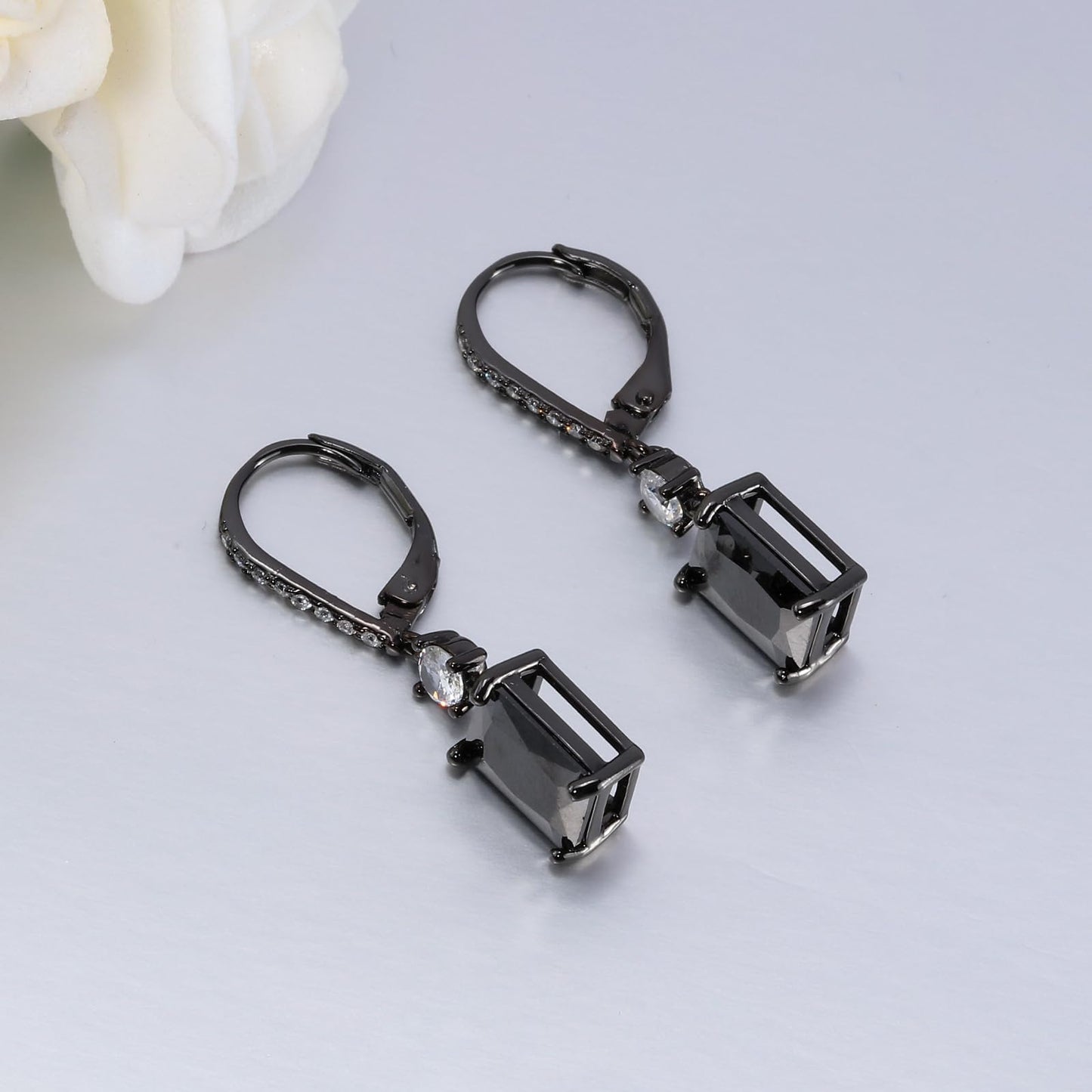 CiNily Leverback Earrings for Women Rectangular-cut Drop Dangle Earring Hypoallergenic, 14K Black Gold Plated Black Cubic Zircon Earrings Diamond Dangle Ear Rings Jewelry Birthday