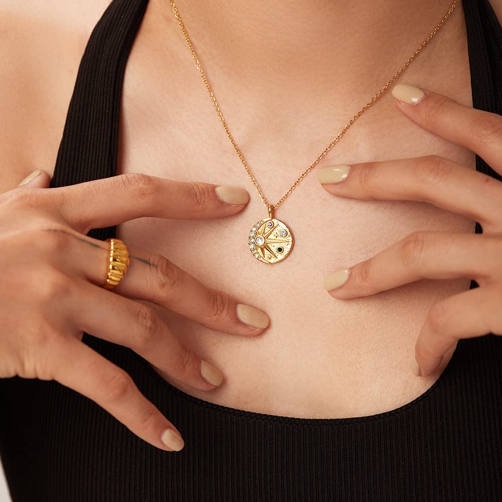 18k Gold Plated Sun and Moon Coin Pendant Necklace for Women Colorful CZ Crescent Moon Medallion Charm Necklace Dainty Star Celestial Zodiac Jewelry 16.5’’