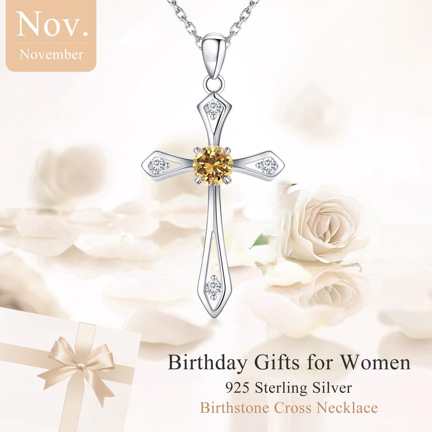 Cross Necklace for Women ,925 Sterling Silver Birthstone Necklace,Citrine-November Birthstone Cross pendant jewelry ,Faith Religious Fine Jewelry Valentines Day Gifts Birthday Holiday Gifts for Her