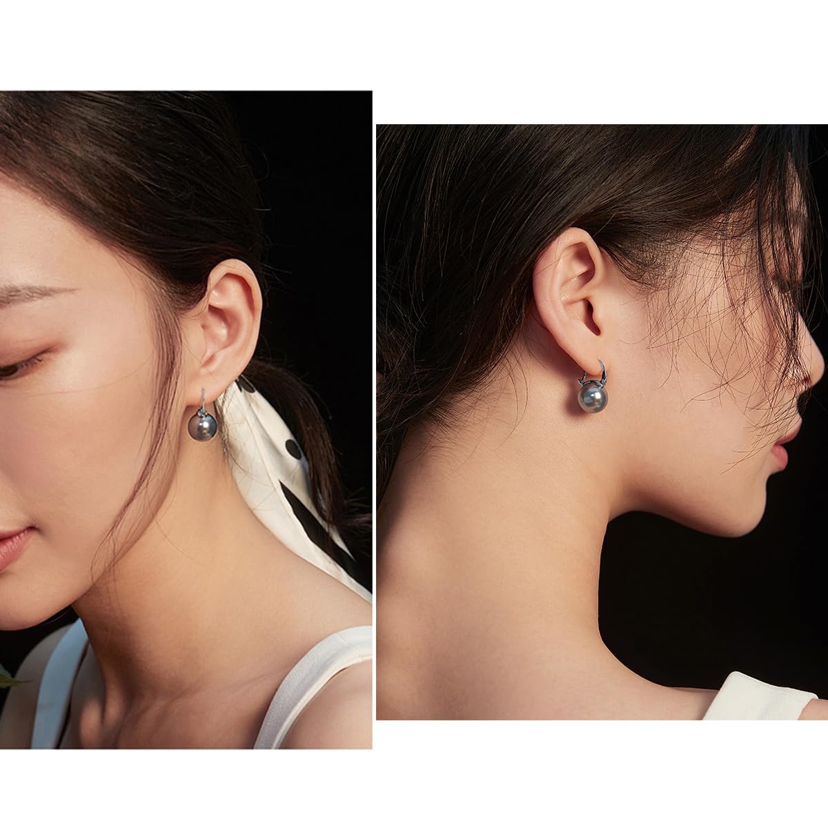 OwMell Elegant 925 Sterling Silver Pearl Drop Earrings Dangle Stud Gold Plated Earrings for Women Large Size 12mm - Grey