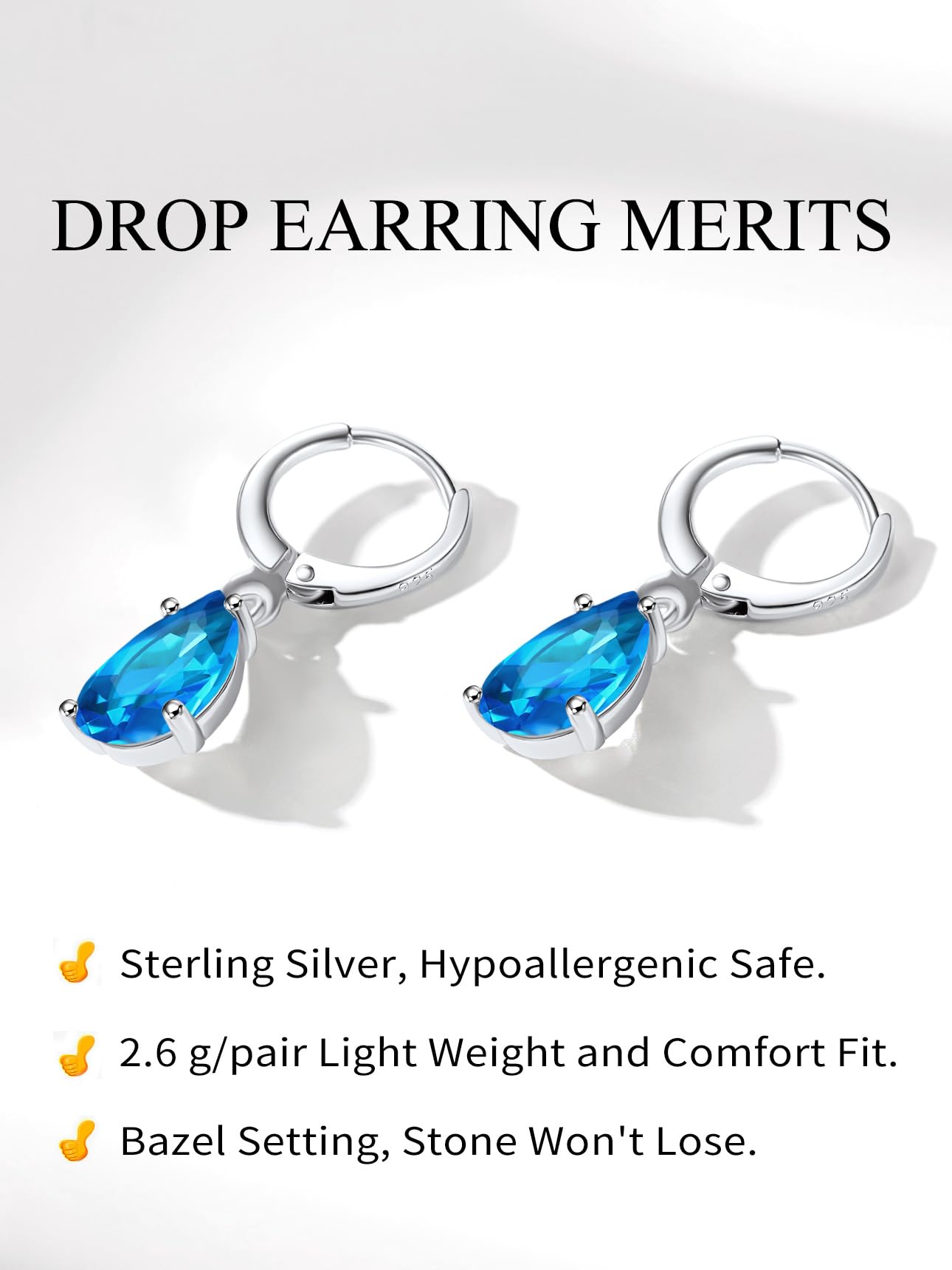 Bestyle Created Blue Topaz Drop Birthstone Earrings for Women -Small Silver Teardrop Dangle Earrings for Women - Dainty Cute Earrings Gift for Birthday Mother's Day Wedding Party