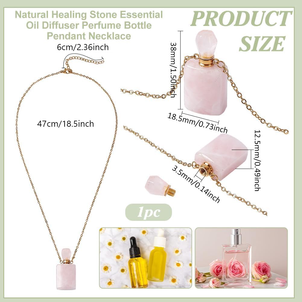 PH PandaHall Stone Perfume Bottle Necklace, Natural Rose Quartz Essential Oil Pendant Necklace Rectangle Crystal Vial Necklaces with Golden Chain for Women Jewelry, Pink, 1 Piece