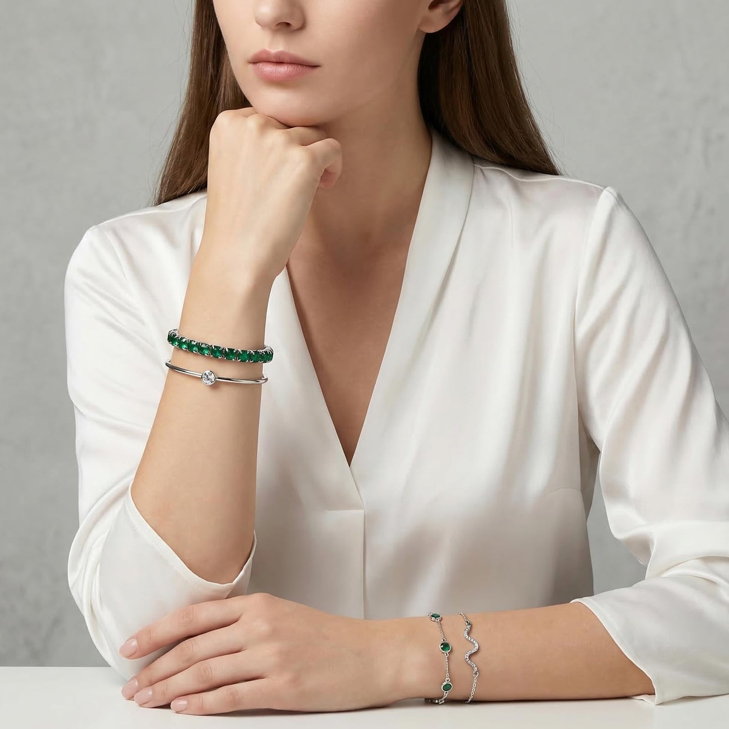 VEINARDYL Silver Birthstone Bracelets for Women, Green Birthstone Layered Jewelry Cuff Silver Plated Bangles, Open Adjustable Bracelets Fashion Accessories Jewelry Set for Mothers Day Gifts