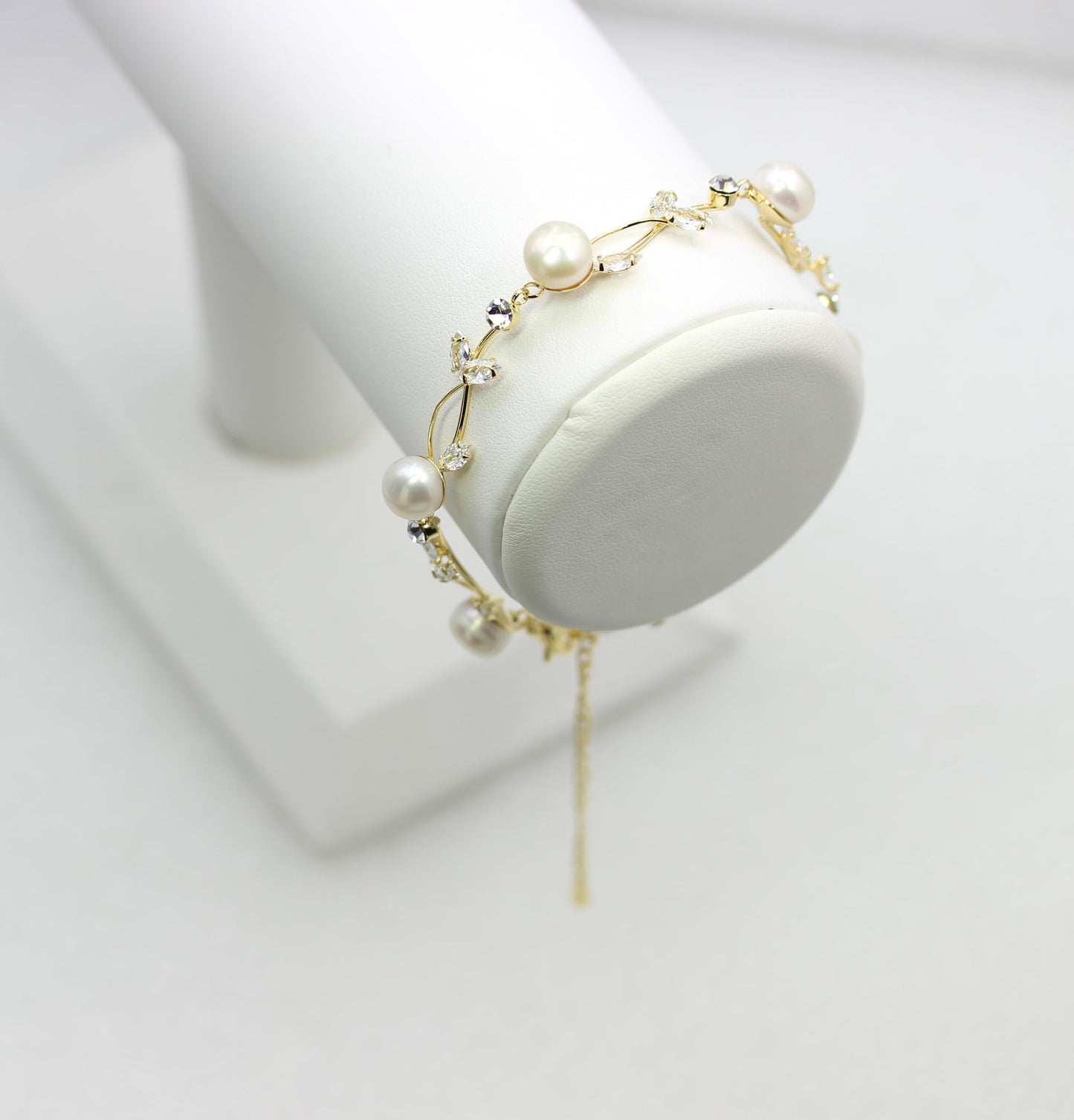 Faship Clear CZ Crystal Genuine Freshwater Pearls Floral Bracelet 7.5" - 9.5" - Clear/Gold-Plated/Matching Bracelet