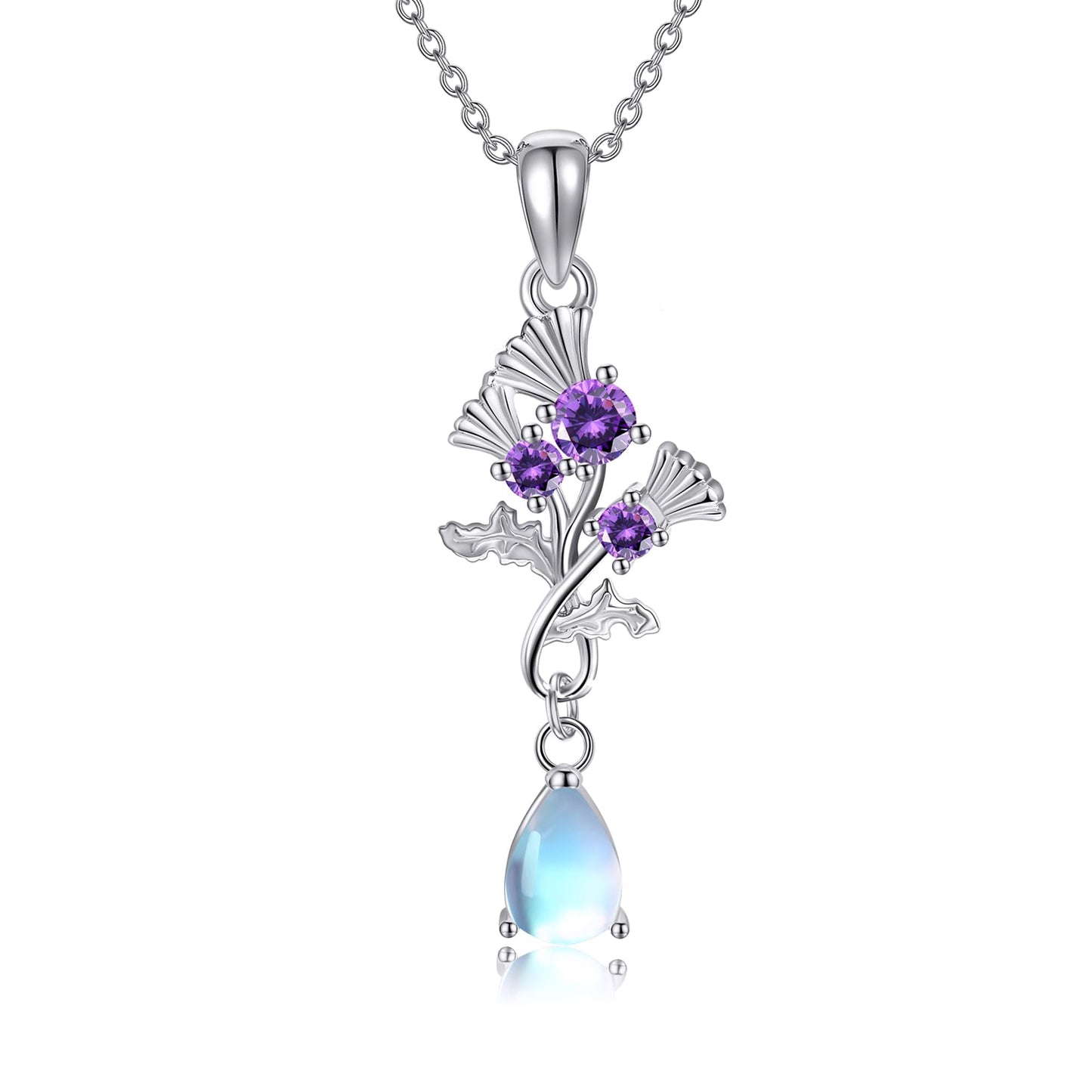 YAFEINI Scottish Thistle Necklace 925 Sterling Silver Moonstone Thistle Pendant Scotland Mother's Day Jewelry for Women Mom