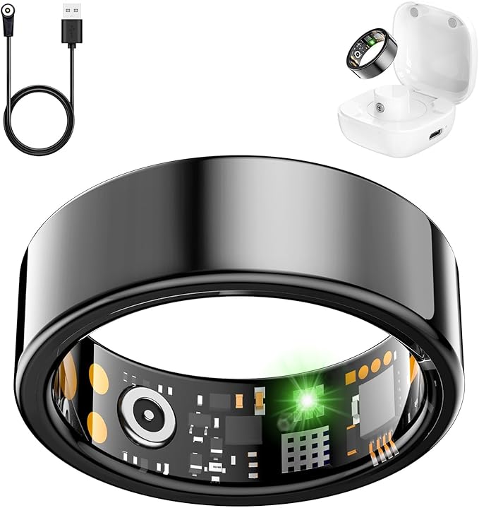 Smart Health Ring for Women Men, Fitness Tracker Ring with Heart Rate, Blood Oxygen, Sleep Tracker, Step Tracker, No Subscription Fee, IP68 Waterproof Smart Ring for iPhone & Android (Black, 9#)