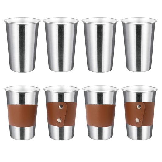 8 Pack 20oz Pint Cups with 4 Cup Sleeves, Stainless Steel Cups, Stackable Metal Cup Tumbler, Premium Metal Drinking Glasses for Cold Drinks, Chilling Beer Glasses for Party Camping (8 PCS, Silver)