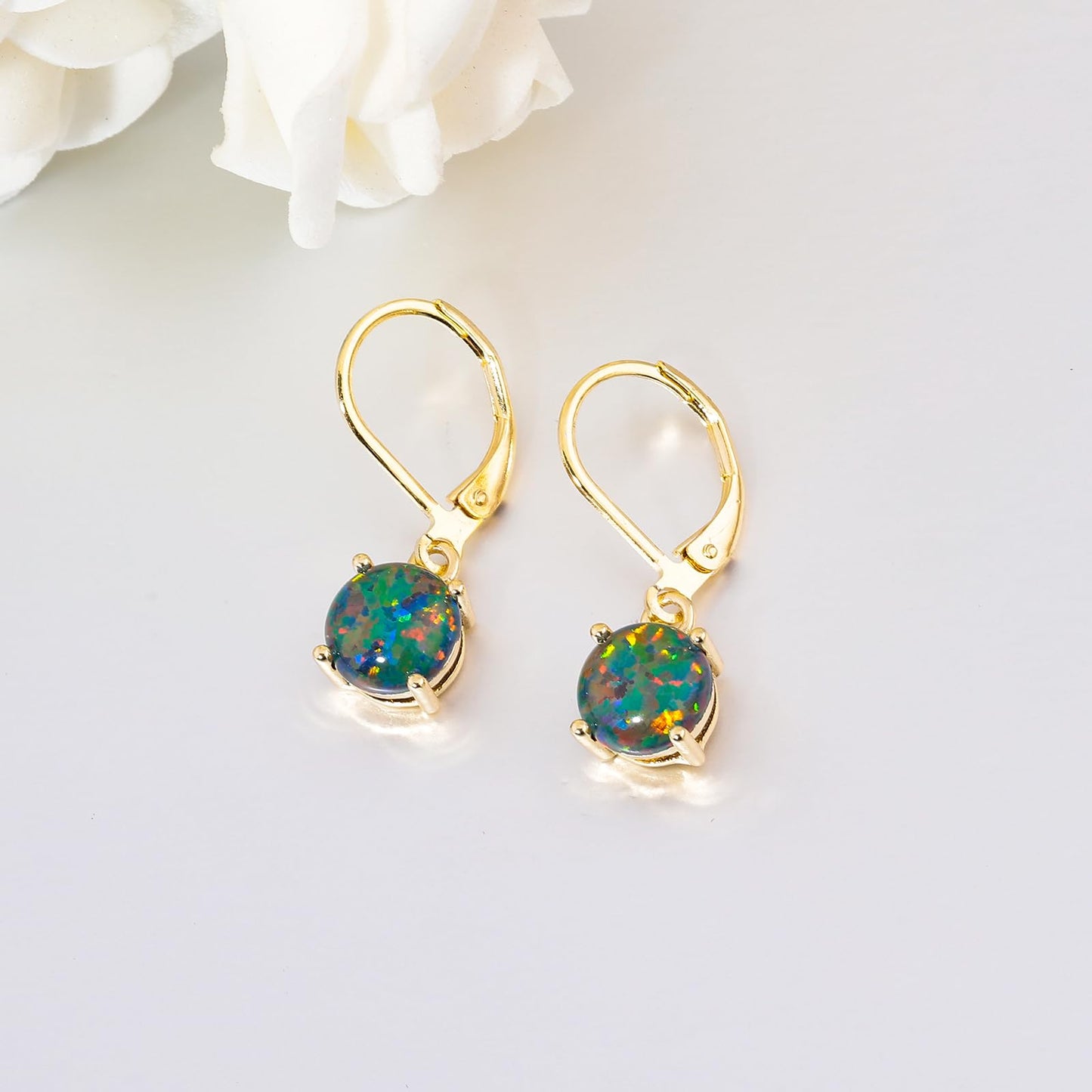 CiNily Round-Cut Opal Dangle Earrings for Women Hypoallergenic Black and Green Fire Opal Rhodium Plated Leverback Gemstone Drop Earrings Jewelry