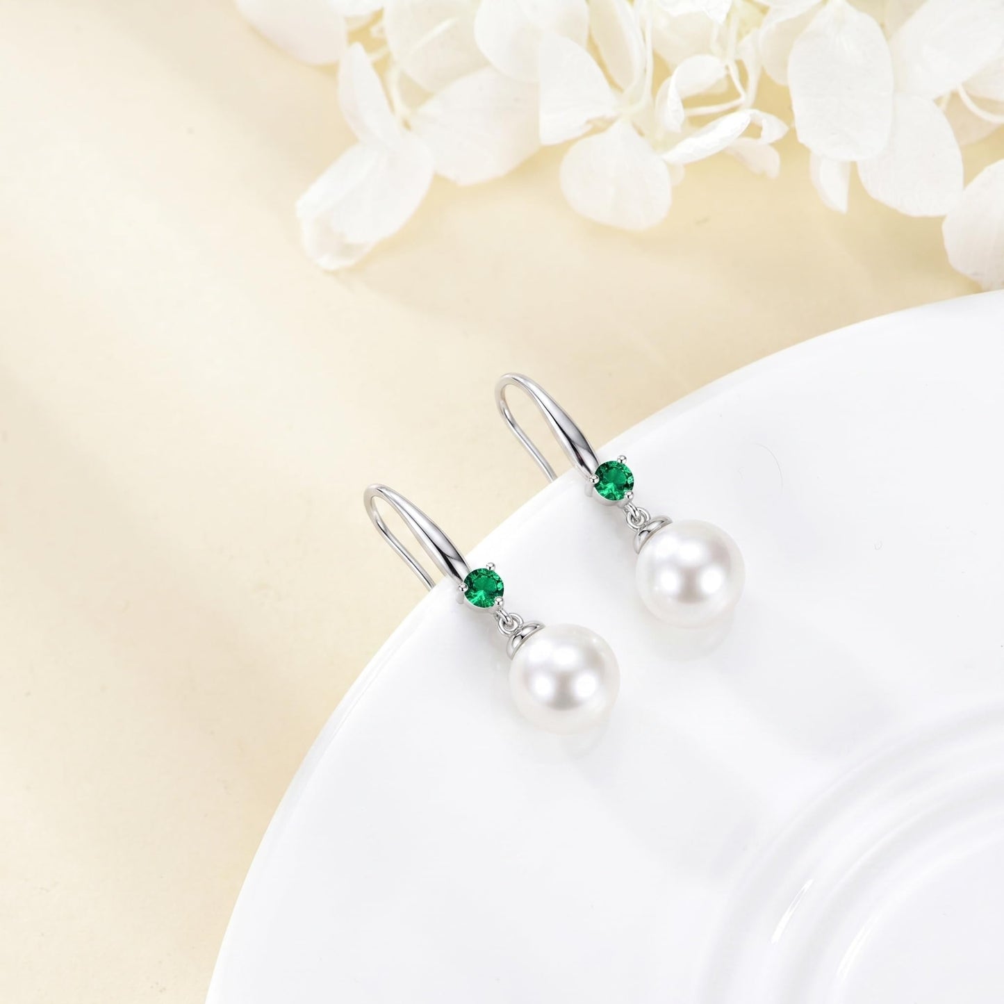 925 Sterling Silver Pearl Leverback Earrings Dangle Drop Birthstone Jewelry Gifts for Women (White Pearl-May)