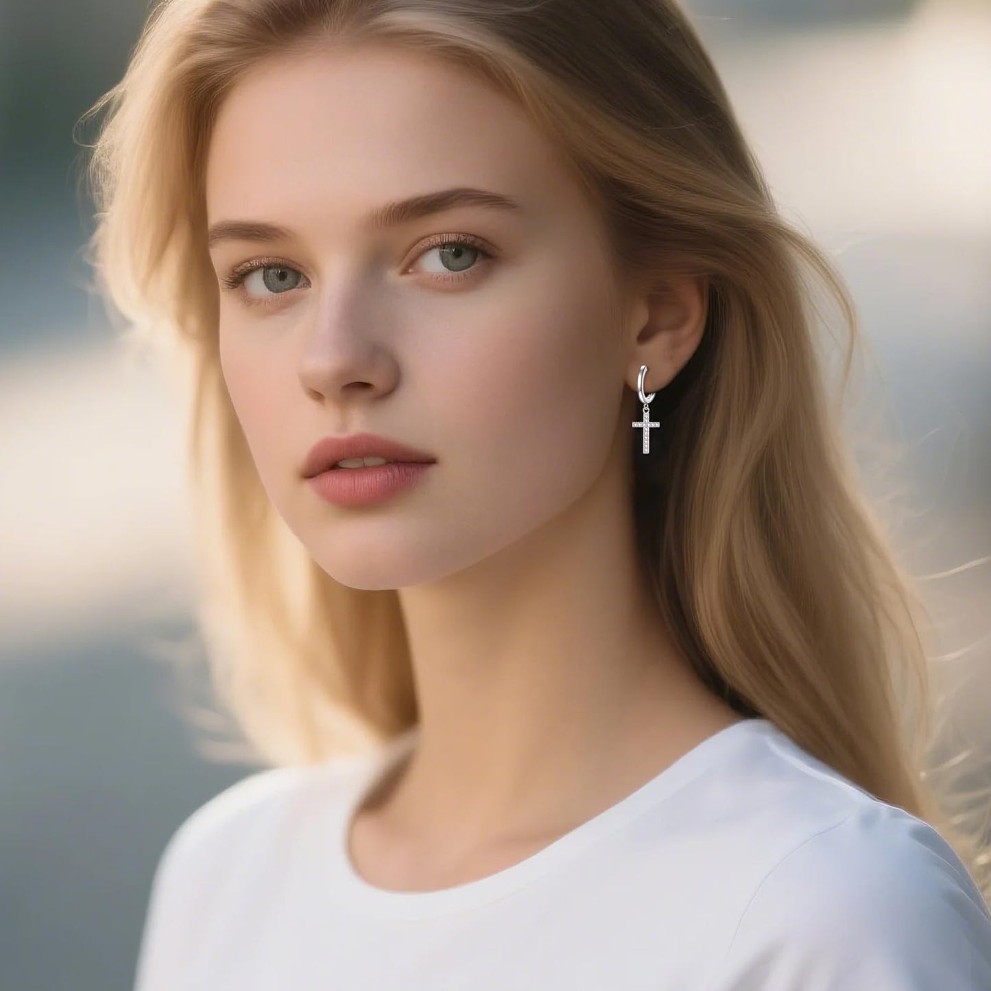 Hanging Cross Hoop Earrings Sterling Silver Diamond Cross Dangle Earrings Religious Jewelry Gifts for Women