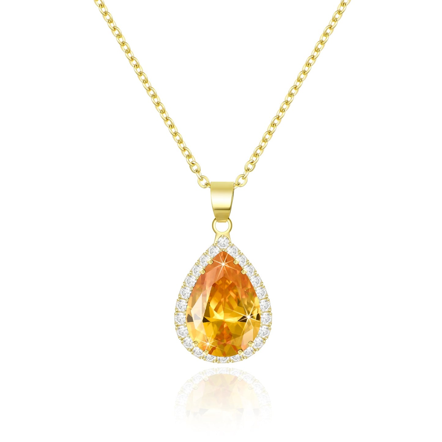 Linawe Citrine Yellow Crystal 14K Gold Chain Necklace for Women, Imitation Diamond Pendant Preppy Necklace, Cubic Zirconia Rhinestone Teardrop Boho Vintage Jewelry Set