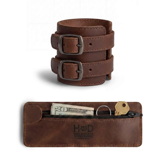 Hide & Drink, Stylish Wrist Wallet Cuff, Wristband with Secret Pouch, Cash Holder, Money Organizer, Full Grain Leather, Handmade, Bourbon Brown