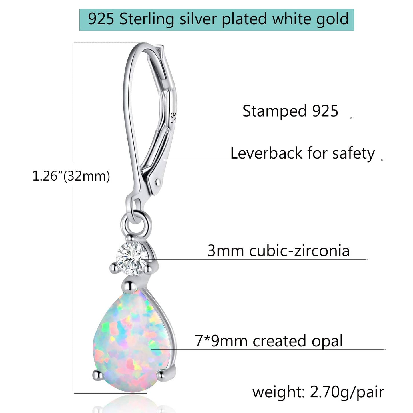 925 Sterling Silver Created White Fire Opal Birthstone Teardrop Earrings Drop Dangly Earring Leverback Hypoallergenic Jewelry for Women