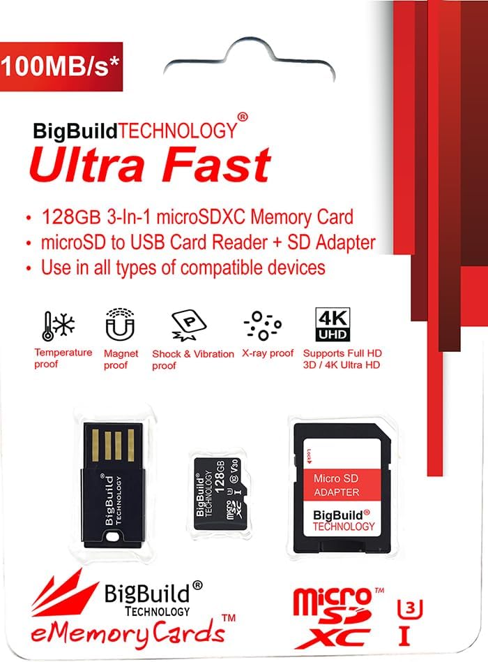 BigBuild Technology 128GB 100MB/s U3 A10/A10e/A10s, A11, A12, A13 Ultra Fast microSDXC Memory Card for Samsung Galaxy