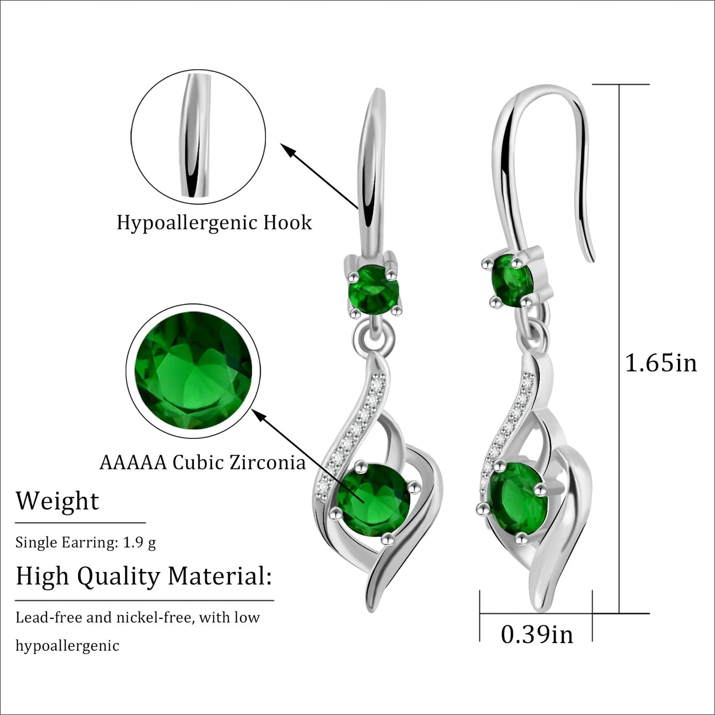 Heart Emerald Drop Dangle Earrings-925 Sterling Silver with Green Crystals-Long Birthstone Jewellery for Women