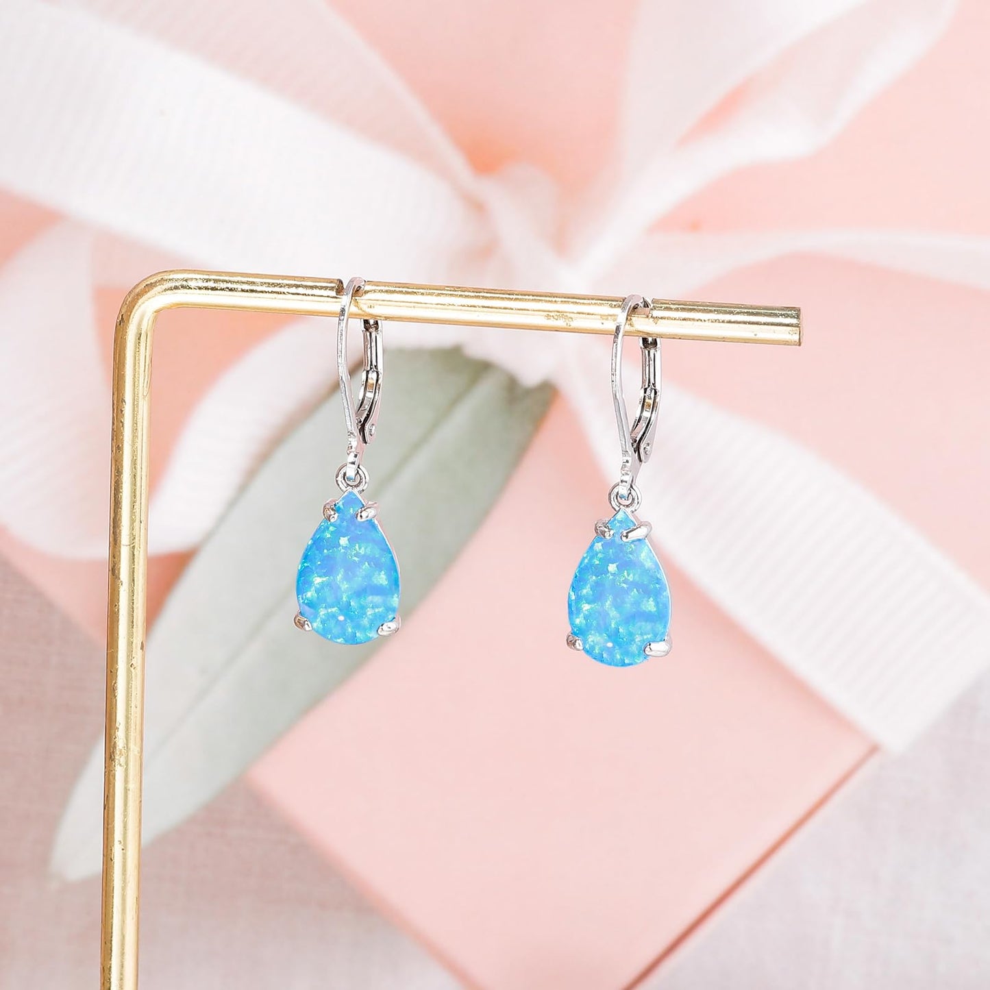 CiNily Teardrop Leverback Dangle Earrings for Women Hypoallergenic Blue Opal Pendant Drop Earrings 14K White Gold Plated Hanging Lever Earrings Fashion Graduation Jewelry Gifts