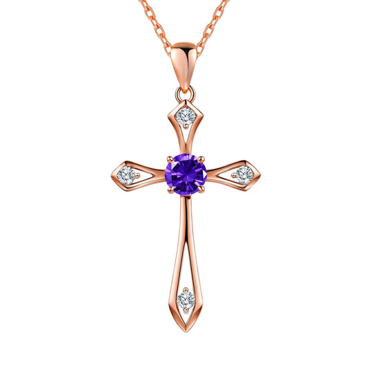 QUALISE Cross Necklace for Women,925 Sterling Silver Birthstone Necklace,Amethyst-February Birthstone Cross Necklace,Faith Religious Fine Jewelry Valentines Day Gifts Birthday Holiday Gifts for Her