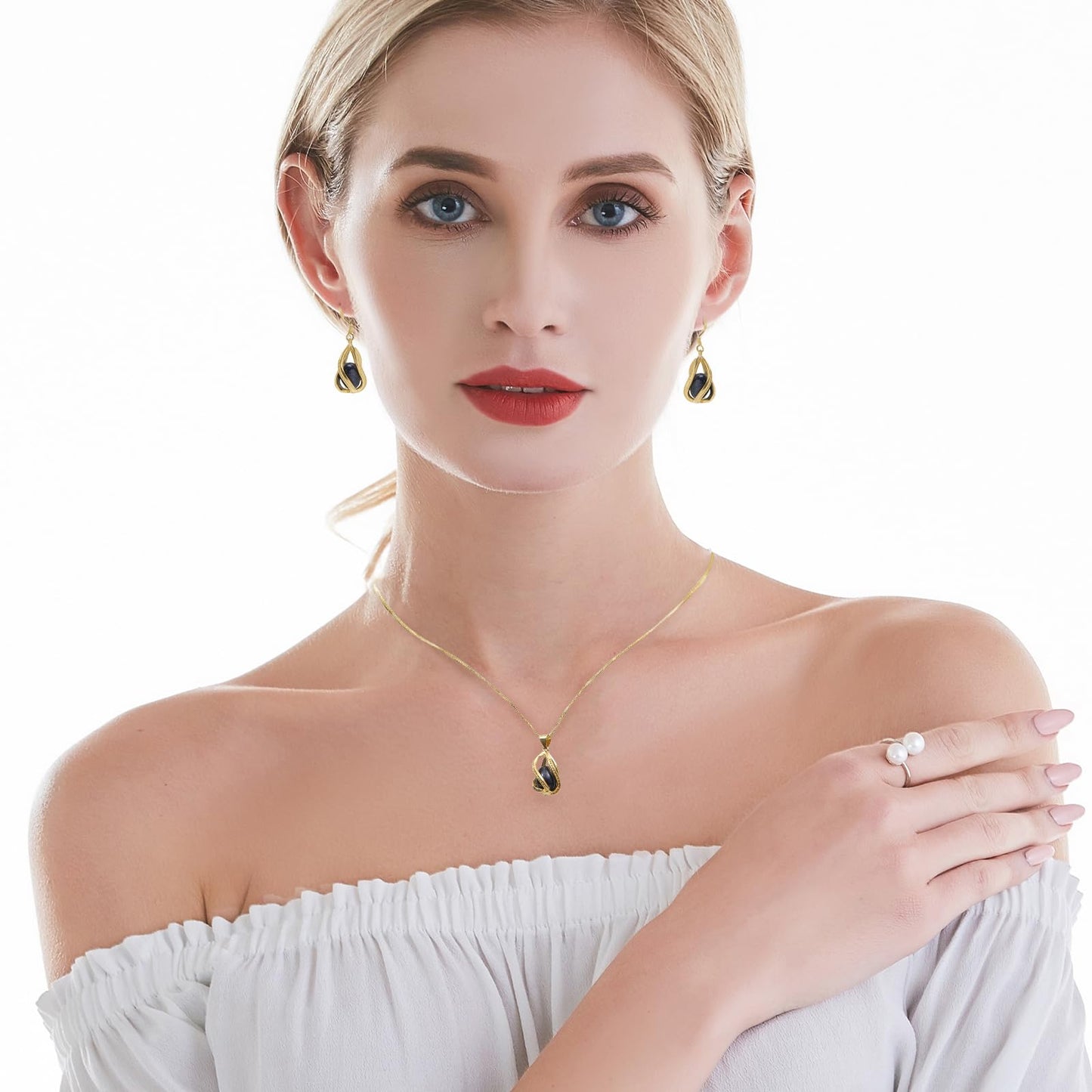 HENGSHENG Pearl Jewelry Set For Women 14K Gold Plated Necklace & Earrings Set Freshwater Pearl Pendant Cage Set for Wedding Anniversary Prom Birthday Gift - Golden Black