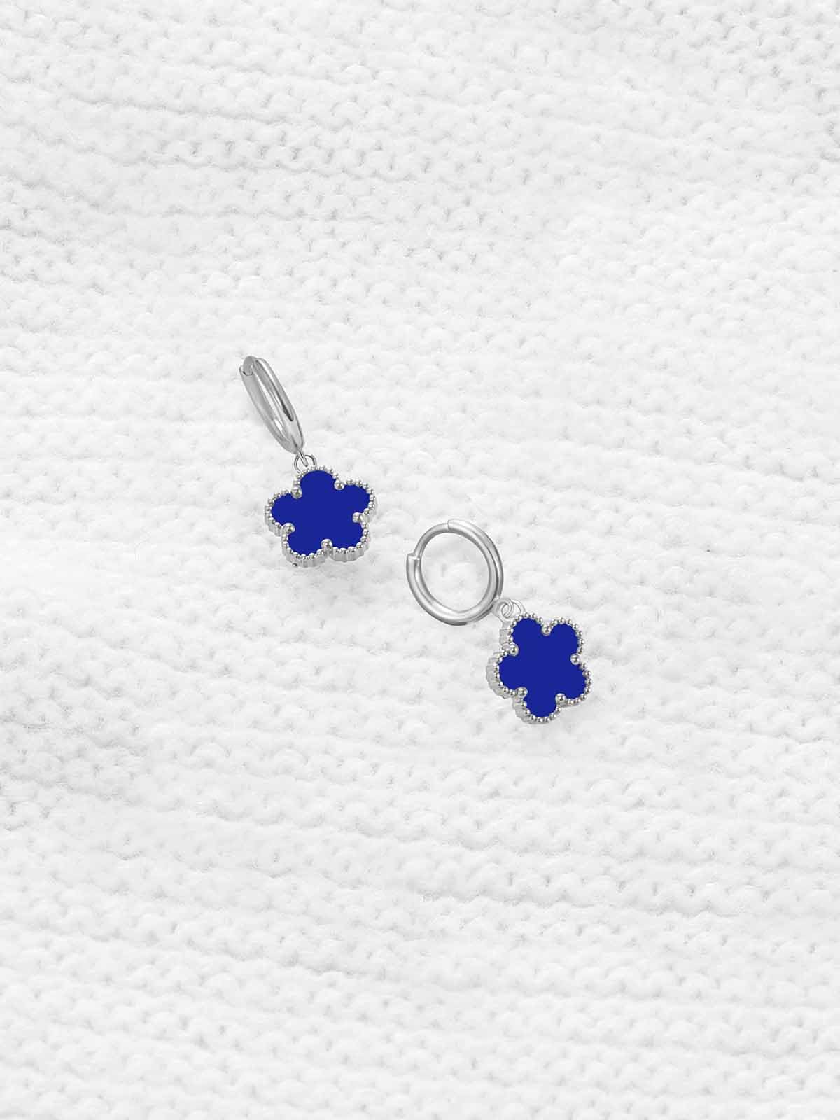 Gold Plated Five Leaf Clover Dangle Earrings for Women Lucky Flower Jewelry (Royal Blue-White Gold Plated)