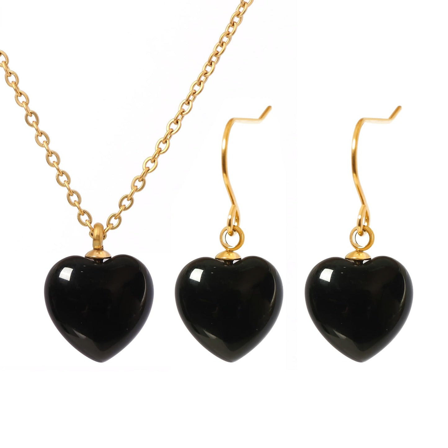 TaYolnFaSo Natural Heart Black Agate Jewelry Set for Women Dainty Cute 18K Gold Plated Black Onyx Earrings and Necklace Set Birthday Gifts