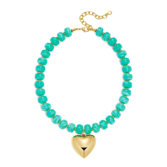 ENSKEFEN Heart Necklace for Women Boho Lake Blue Resin Beaded Choker Gold Heart Pendant Necklaces Fashion Chunky Statement Necklace Acrylic Jewelry