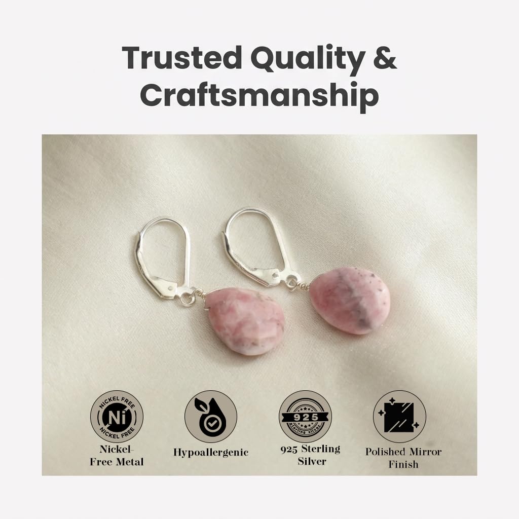 GemInspire | Rhodochrosite Teardrop Earrings for Women | 925 Sterling Silver Leverback Lightweight Natural Crystal Dangle Minimal Drop Jewelry Gift for Mom Wife Girlfriend Everyday Wear
