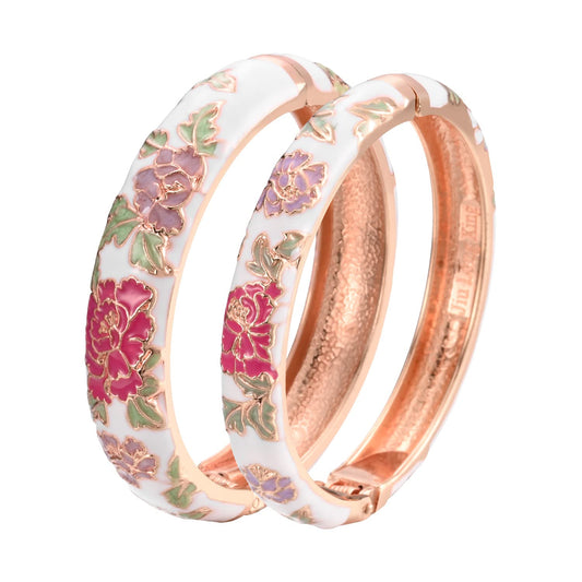 UJOY Vintage Handcraft Jewelry Cloisonne Bracelet Enamel Floral Spring Hinged Gold Plated Womens Bangles Gifts Box 55C48-55A113 White