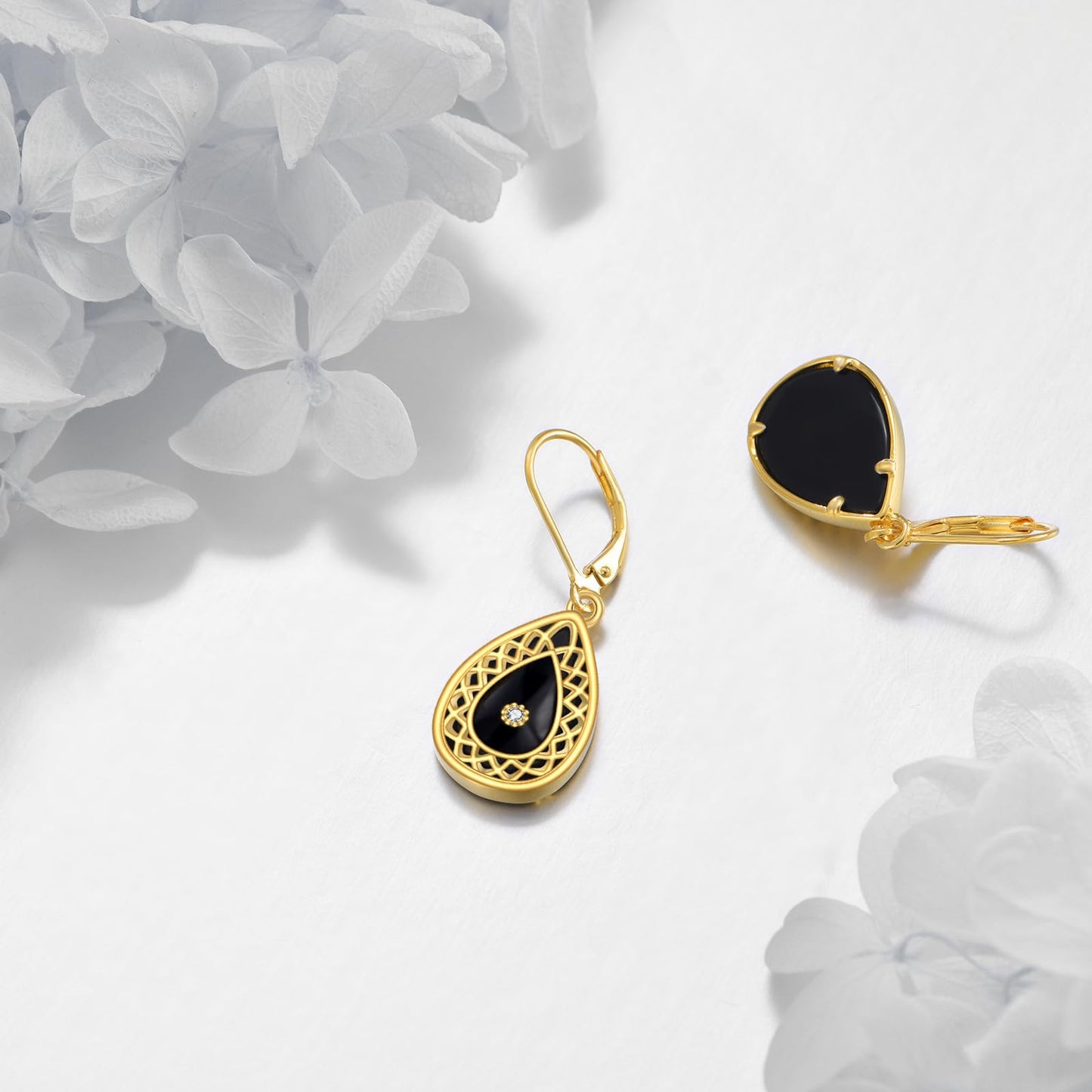 Black Onyx Drop Earrings for Women Sterling Silver 18K Yellow Gold Plated Filigree Black Onyx Dangle Leverback Earrings Jewelry Gifts
