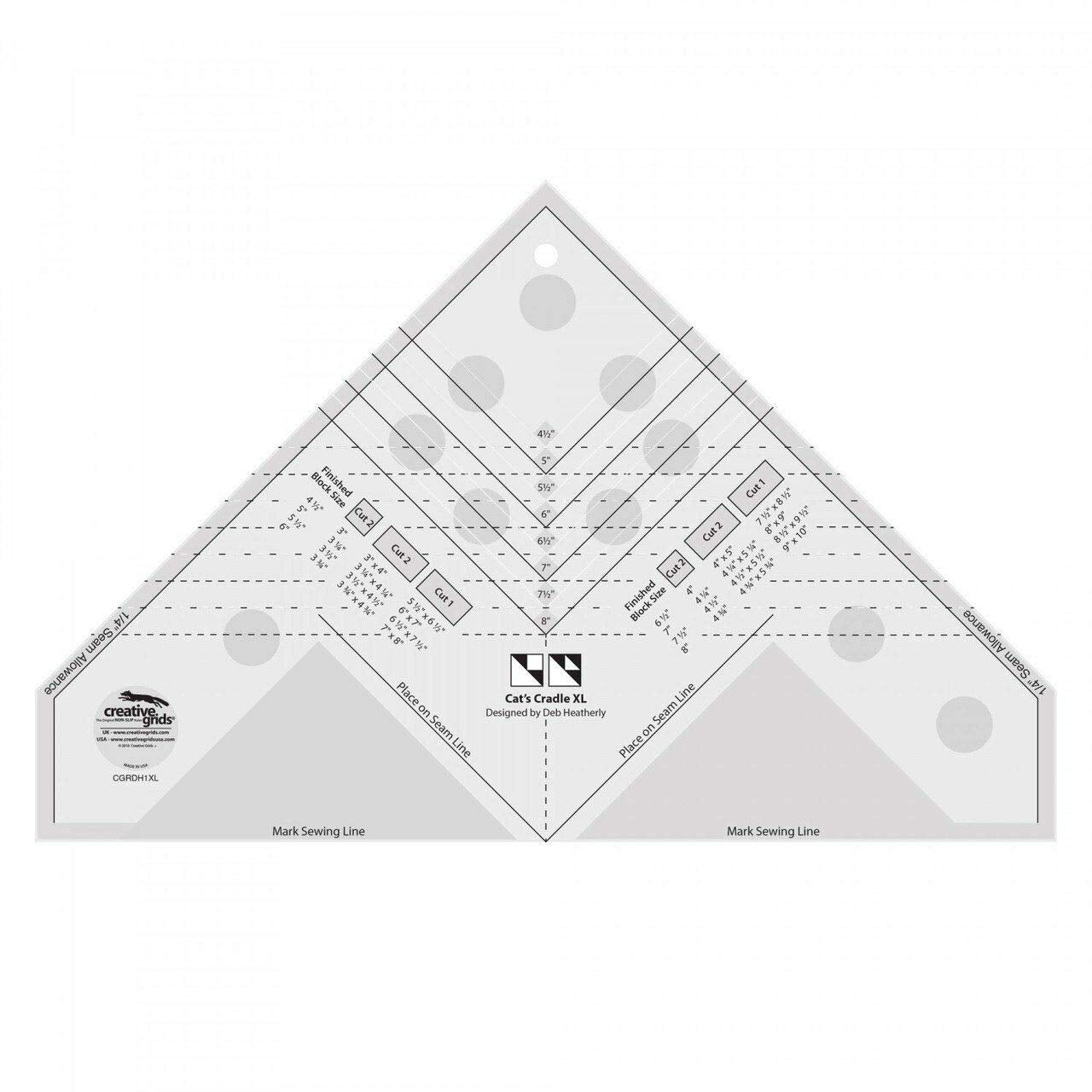 Creative Grids Cat’s Cradle Tool XL Quilt Ruler – CGRDH1XL – Made in USA, 11in x 11in, Non-Slip Grip Acrylic Quilting, Sewing, Crafting, Patchwork Ruler & Template