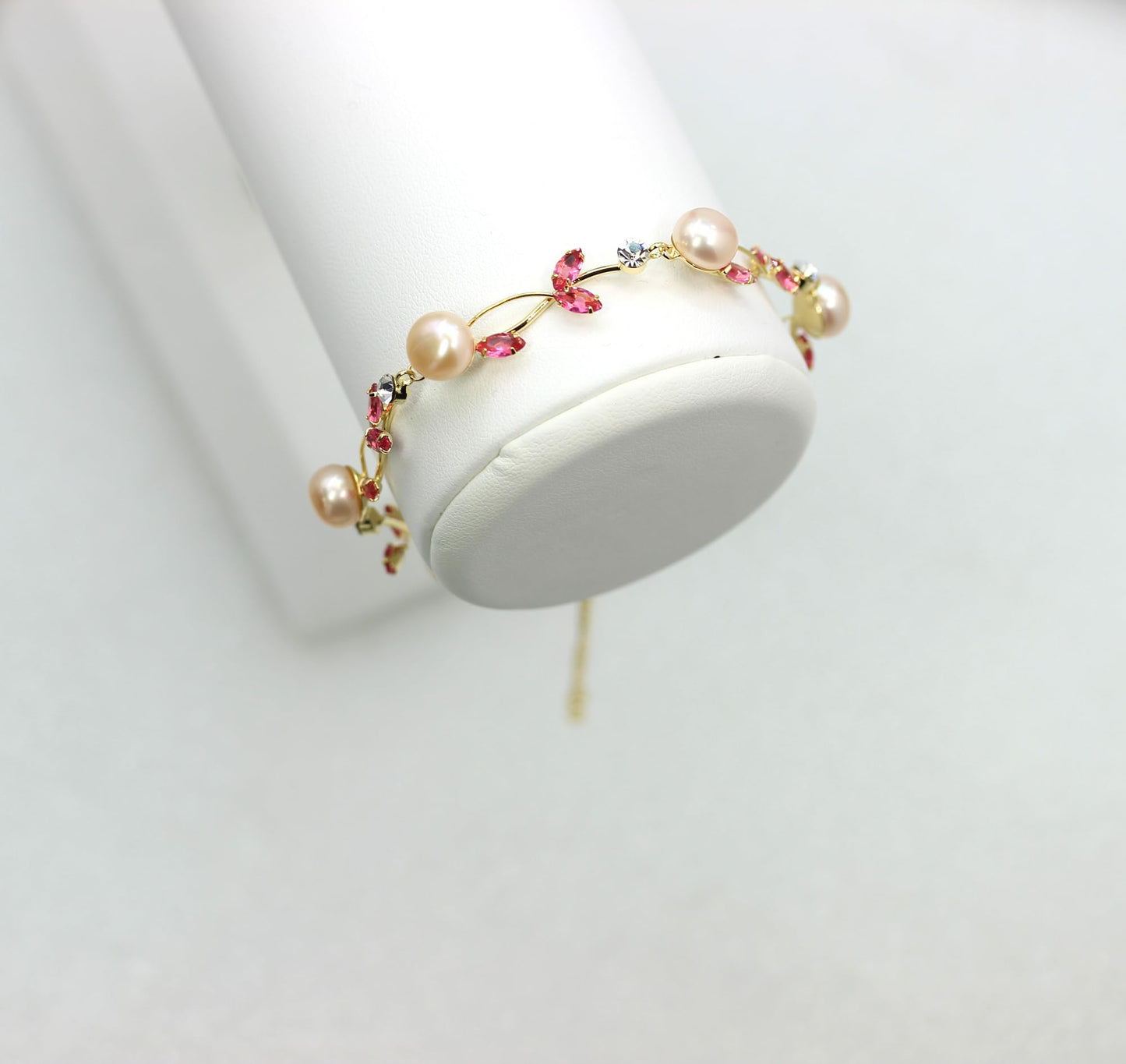 Faship Pink CZ Crystal Genuine Freshwater Pearls Floral Bracelet 7.5" - 9.5" - Rose/Gold-Plated/Matching Bracelet