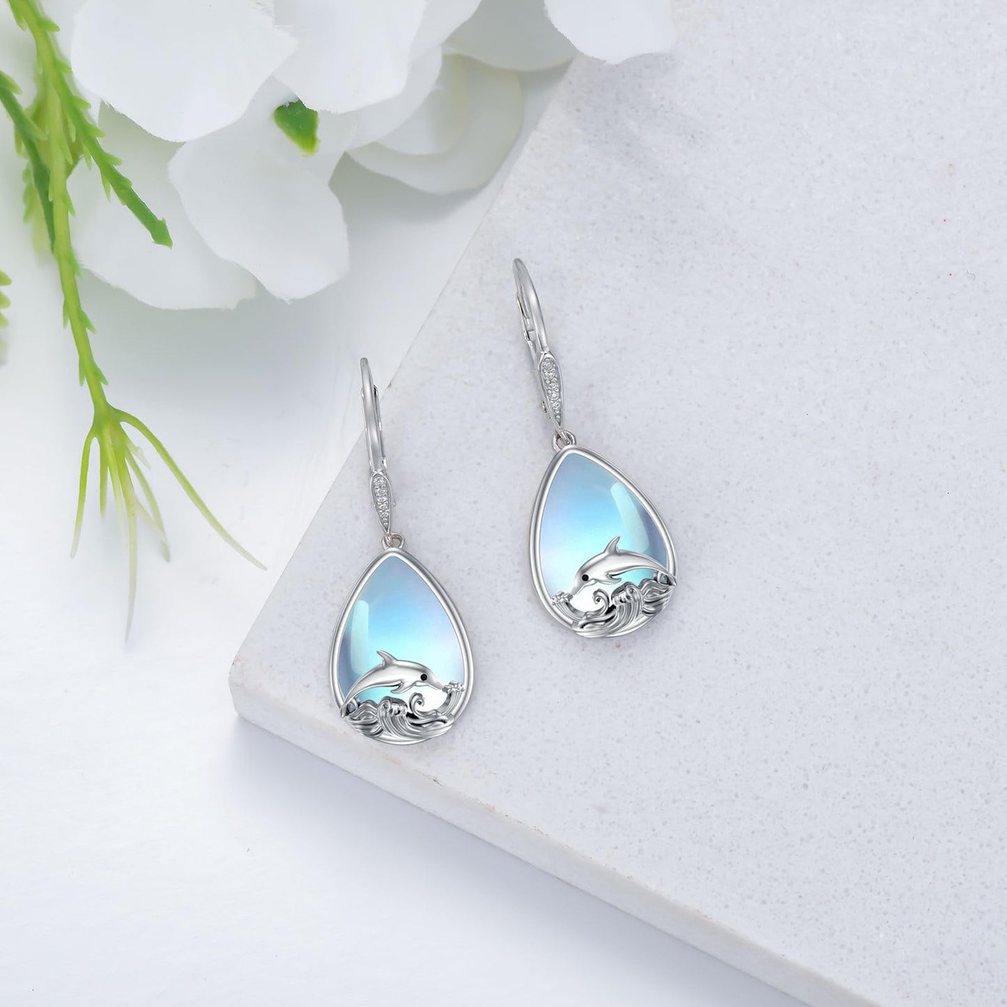 VONALA Dolphin Earrings 925 Sterling Silver Moonstone Leverback Earrings Waves Dangle Drop Dangling Earrings Ocean Animal Jewelry Gifts for Women