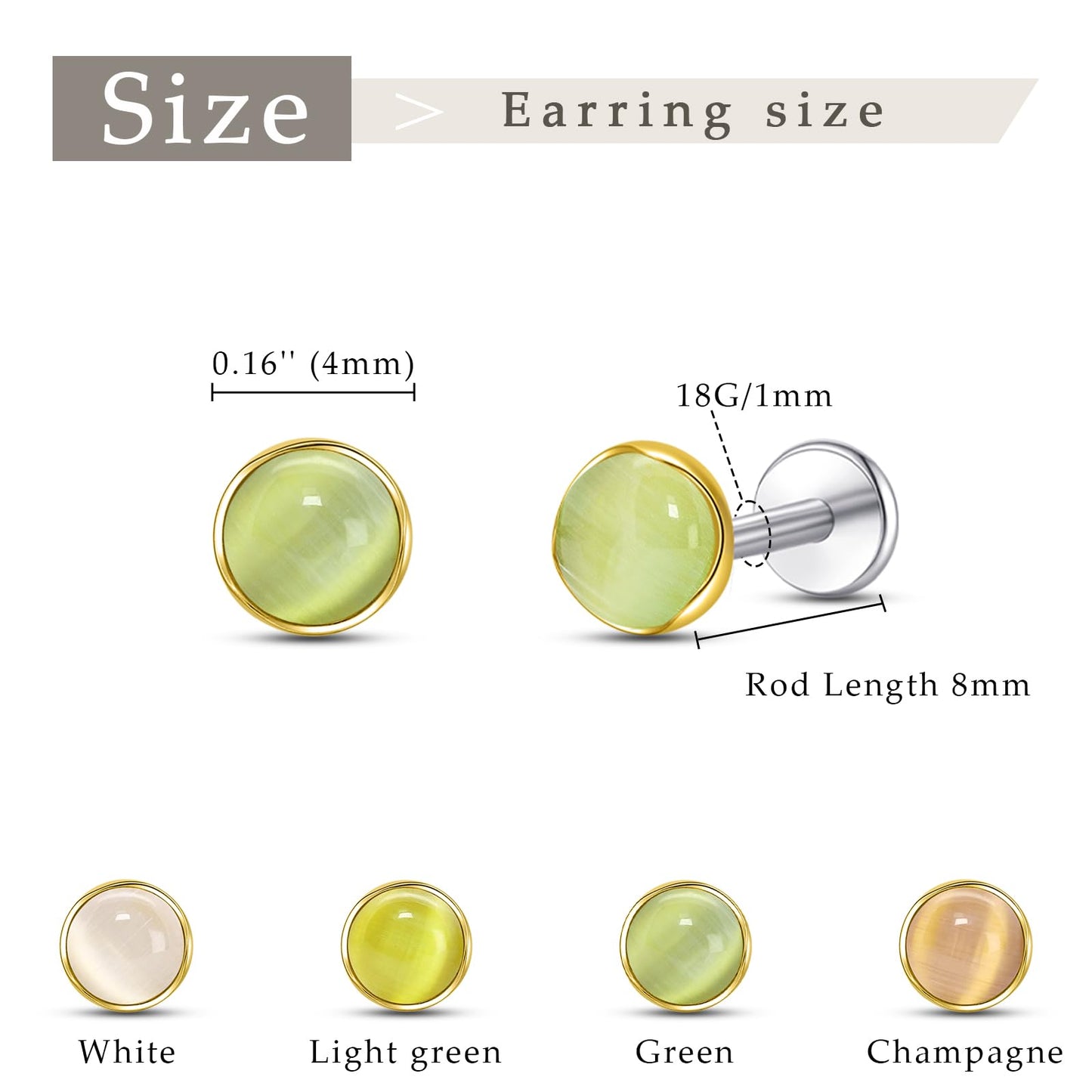 Limerencia Hypoallergenic Earrings for Sensitive Ears - 18G G23 Titanium Round Cat's Eye Push in Stud Earrings, Cartilage Stone Pierced Earrings for Women Men Gift,Green 4mm