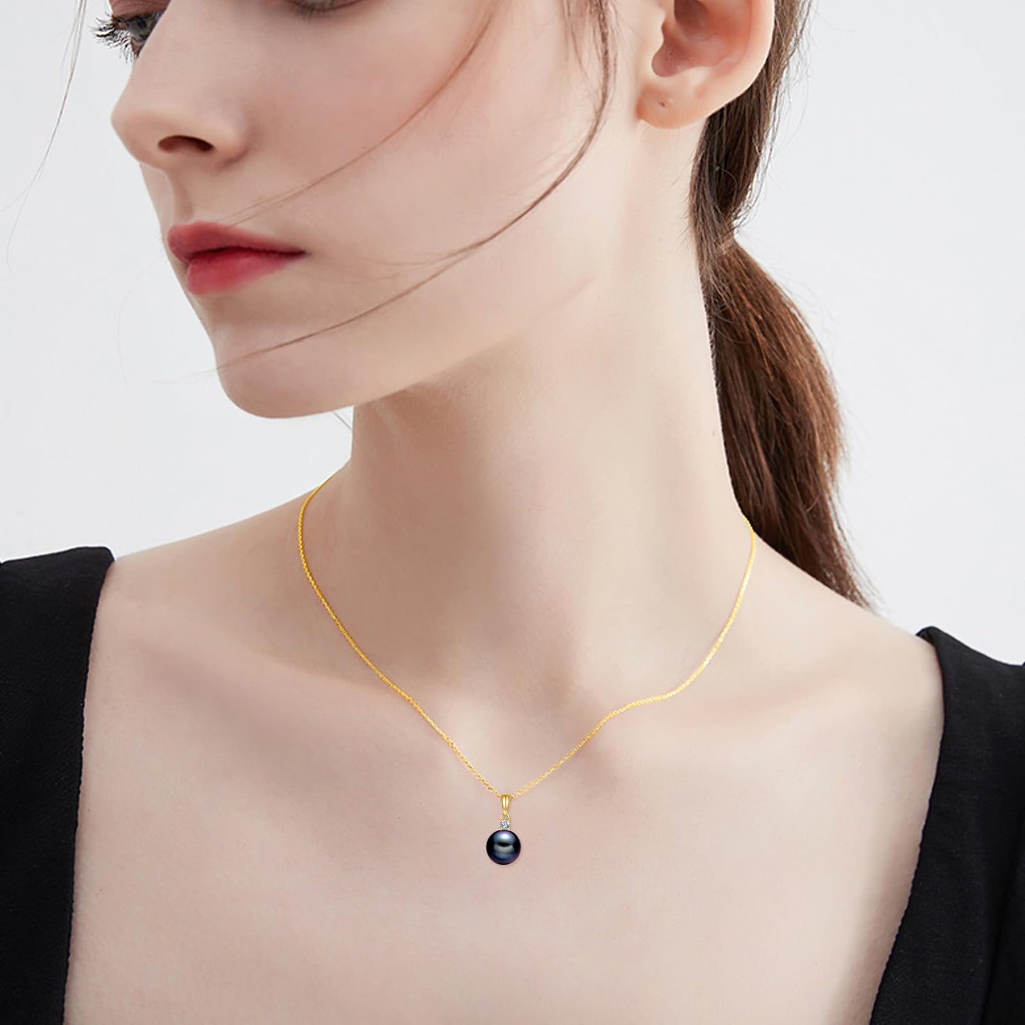 14K Gold Pearl Pendant Necklace for Women (Freshwater Cultured Pearl), Real Gold Present Jewelry Gifts for Wife Girlfriend Mother Mom, 16"-18" (4-yellow gold black pearl)