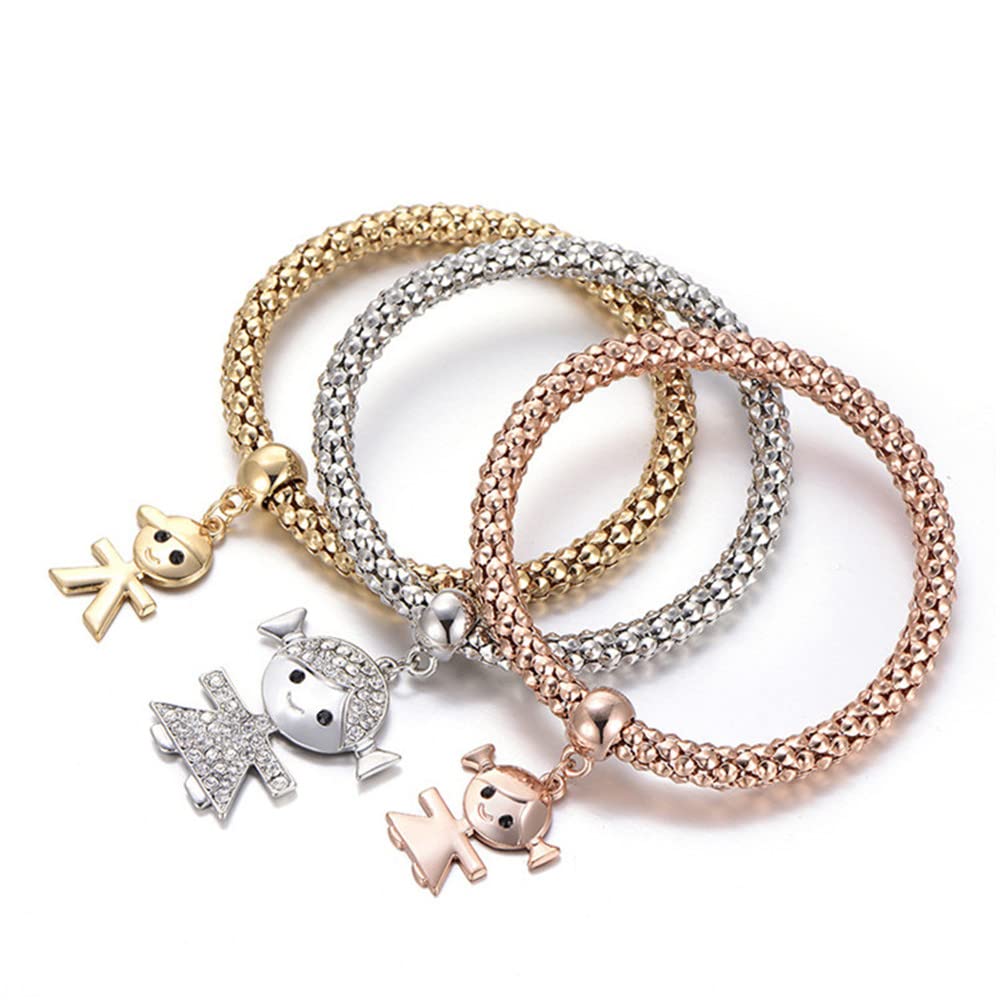 SILANER Crystal Charms Multilayer Bracelets - 3PCS Gold/Silver/Rose Gold Corn Chain Bracelet for Women, Tree of Life Heart Shaped Stretch Bracelet (Mom and Daughter)