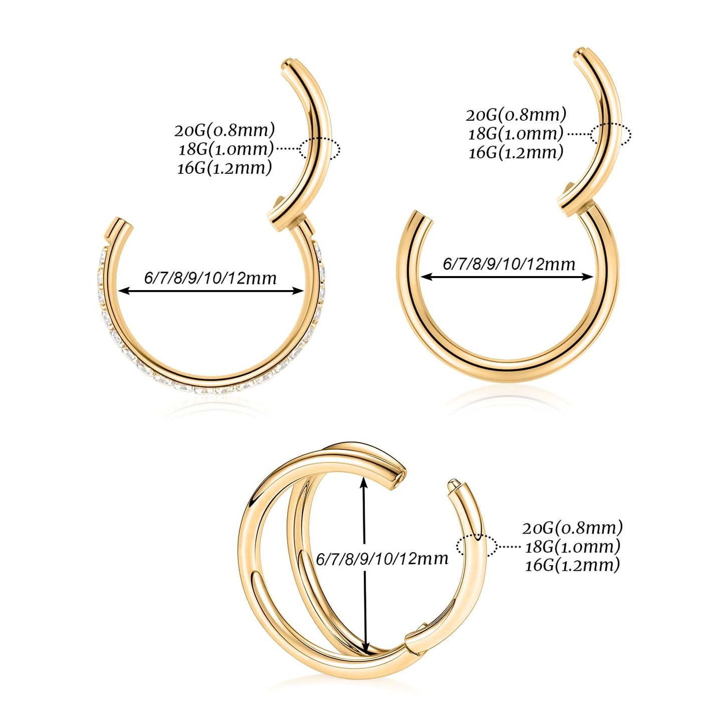 Septum Ring 8mm Septum Jewelry Double Hoop Septum Clicker Gold Conch Piercing Jewelry Nose Ring Hoop 18g Cartilage Earring with CZ Lip Rings Nose Hoop Surgical Steel Helix Earrings Nose Jewelry