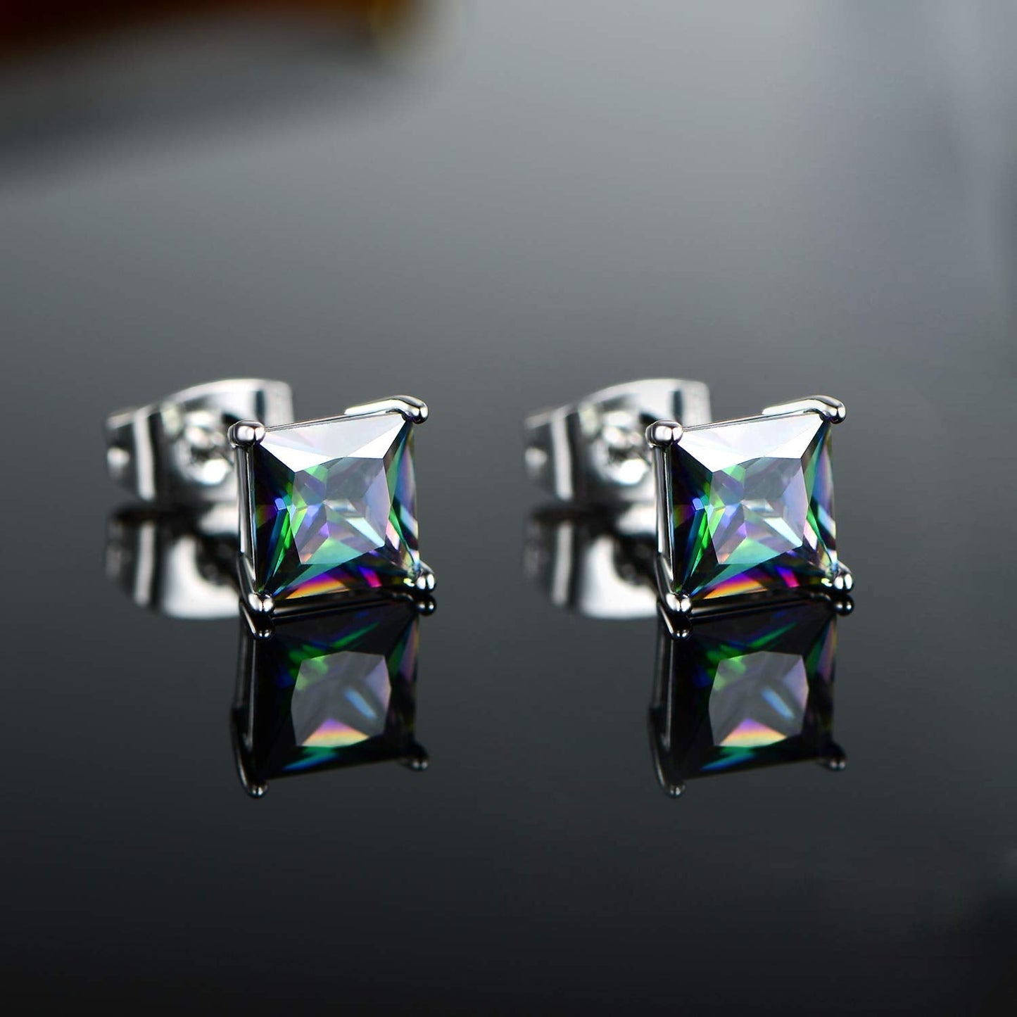 Mens Earrings 18K White Gold Plated Rainbow Quartz CZ 6mm Square Ear Pierced Gemstone Vintage Sparkle Studs Earings for Women Hypoallergenic Jewelry Birthday Valentines Gifts