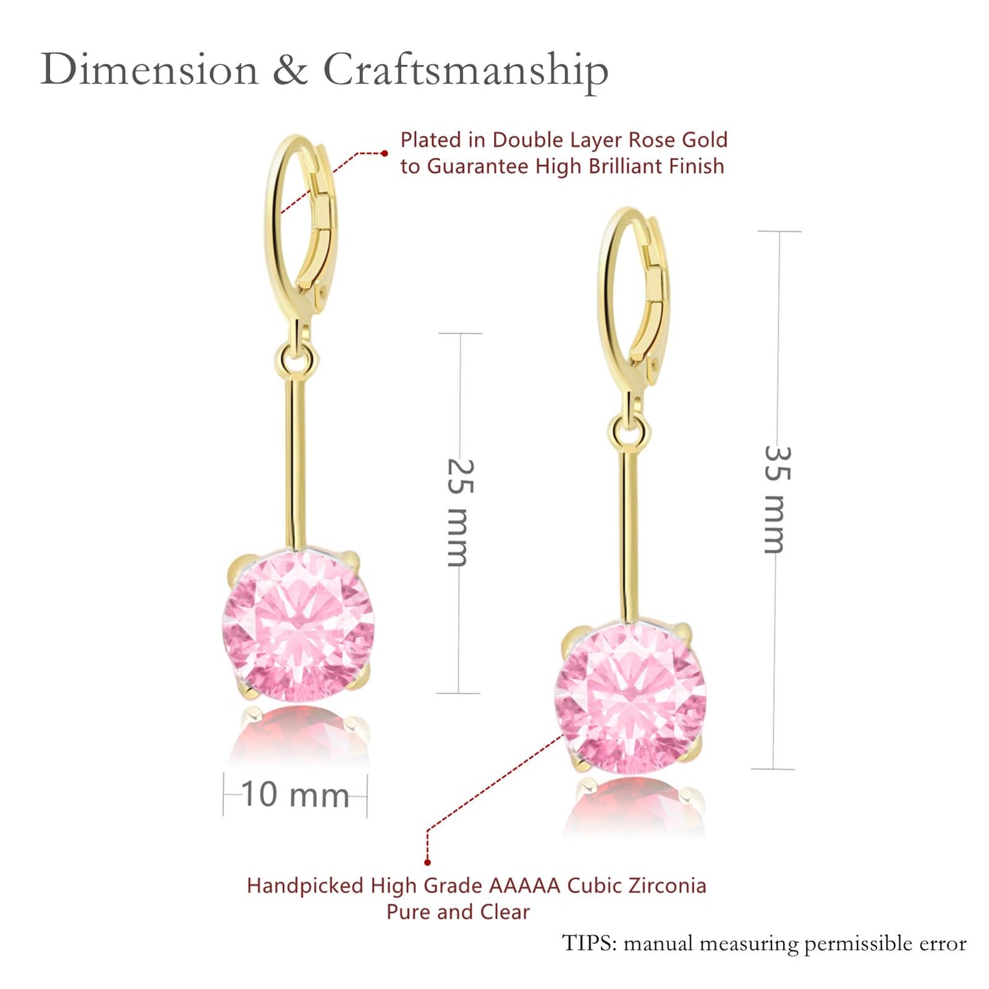 VONSSY Gemstone Drop Dangle Earrings | Platinum/Gold Plated Leverback Crystal Cubic Zirconia Hanging Red/Pink/Blue Earrings (Pink-Gold)