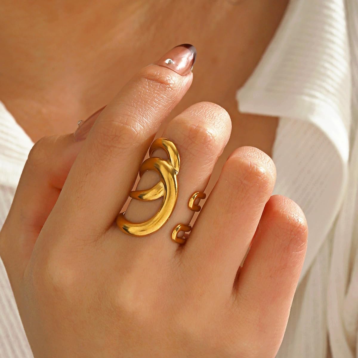 AIETUE Chunky Rings For Women, Gold Silver Thumb Ring Asymmetrical Wavy Curve Ring Adjustable Non Tarnish Dainty Stainless Steel New Year Anniversary Birthday Jewelry Gift (Trendy Gold #6)