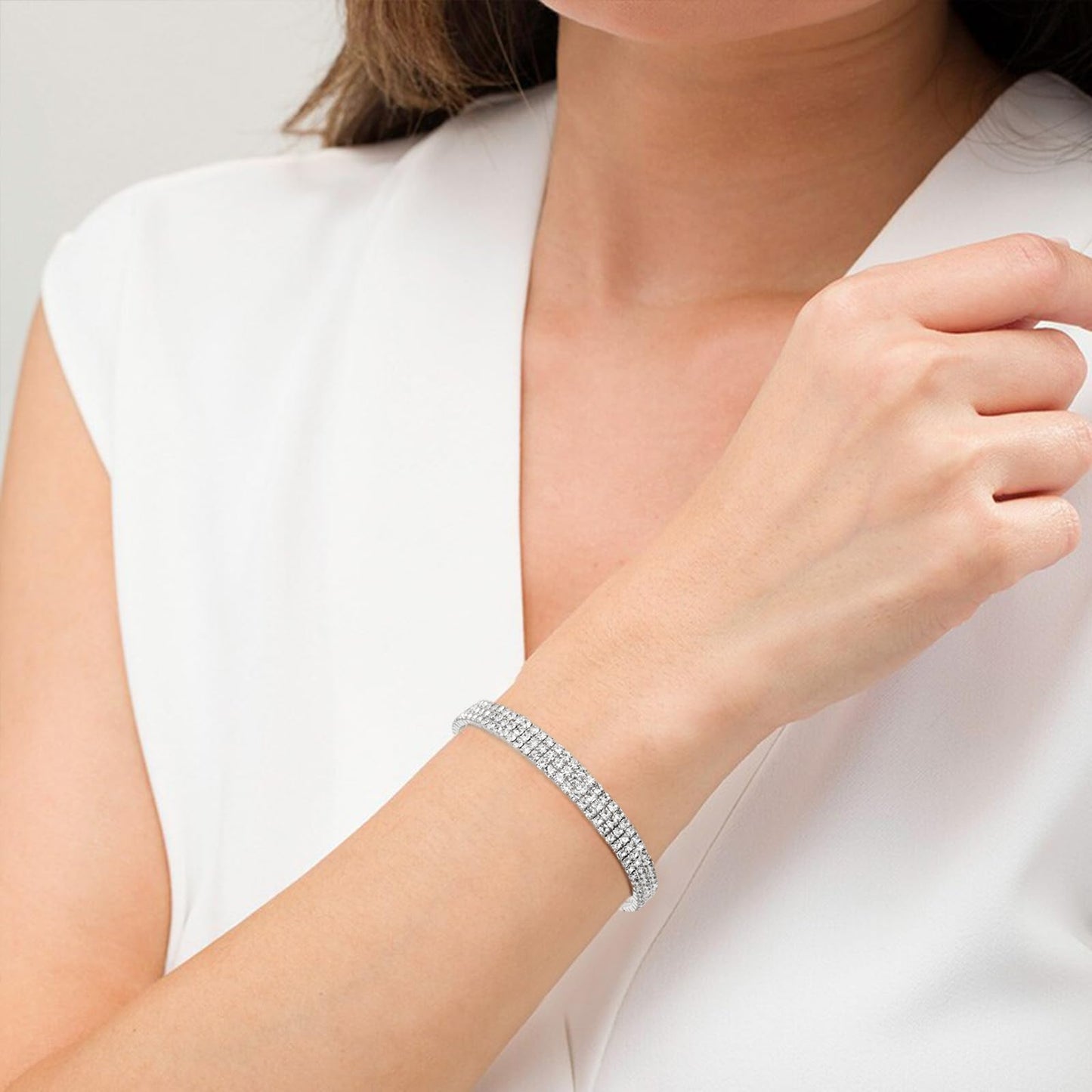 Tidefire Rhinestone Tennis Cuff Bracelet for Women Crystal Bridal Bangle for Prom Wedding Party Dating (1200 Silver)