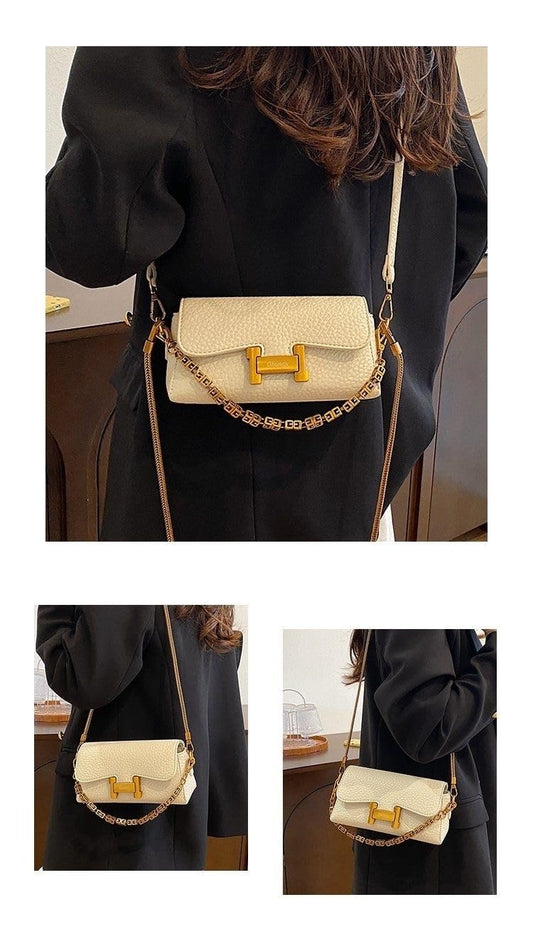 YFSYF Women's bags Designer PU Leather Crossbody Bag, Gold Chain Strap, Multi-Way Handbag, 7.9x3.9x2.8 Inches (White)
