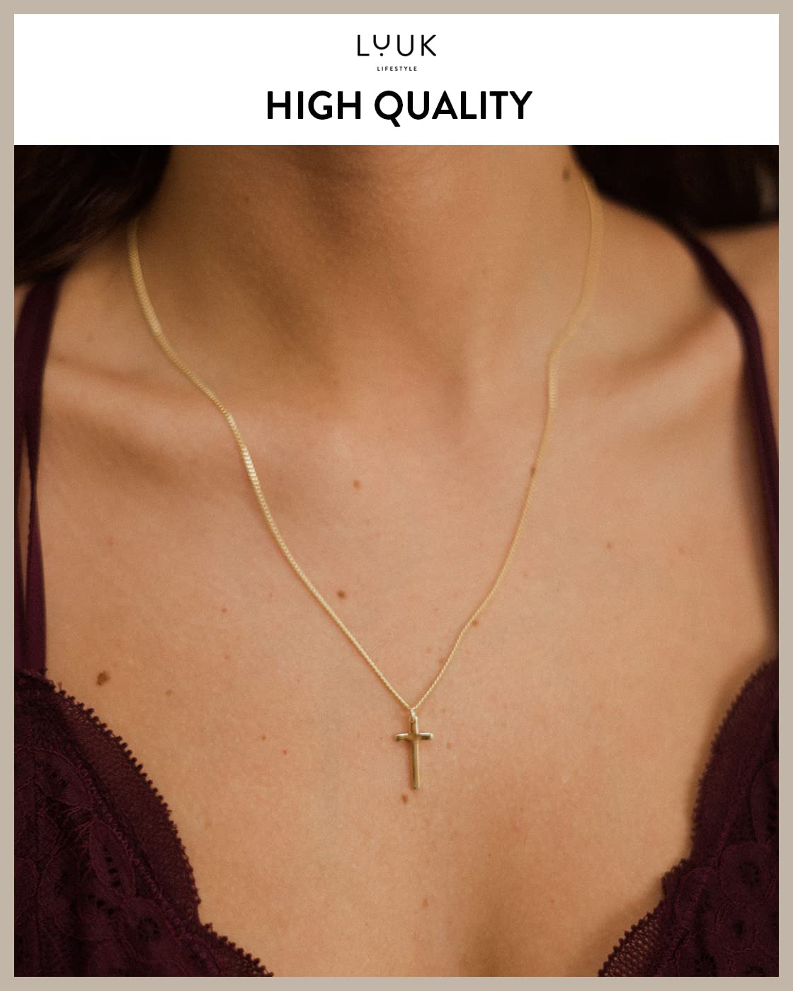 LUUK LIFESTYLE Necklace in 925 Sterling Silver with cross pendant and HAPPINESS gift card, lucky charm, Christian cross, protection against evil, classic sleek look, 19”, religious object, gold
