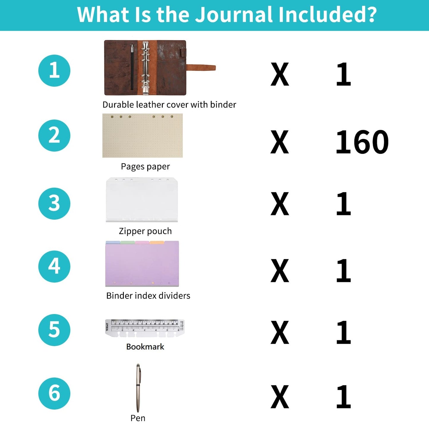 Wonderpool Leather Journal Refillable Binder A6 Writing Notebook Folder Organiser with Dotted Paper & Multi Pockets Cover for Business School Travel (A6, Brown)