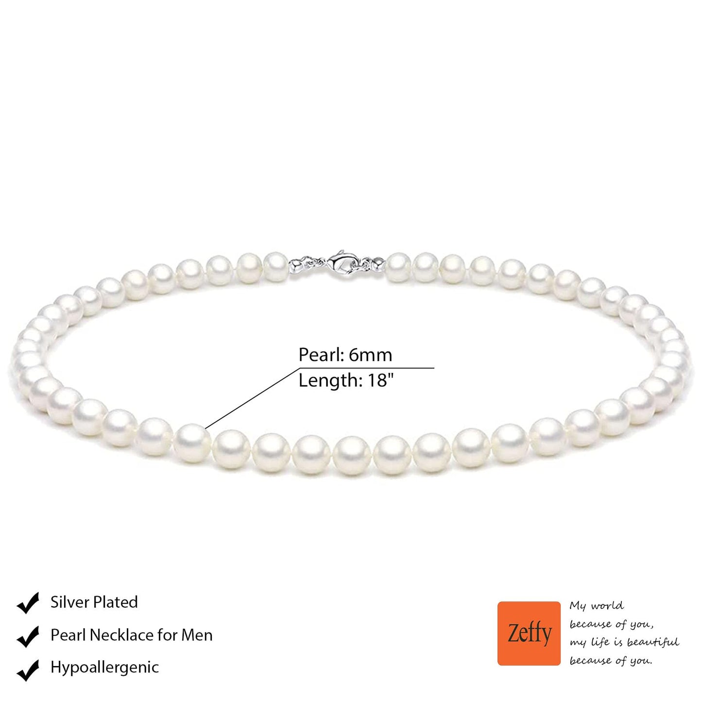 Zeffy Pearl Necklace for Men, 6mm White Beaded Necklace Faux Pearl Choker Necklace Trendy Jewelry Gifts for Men Women