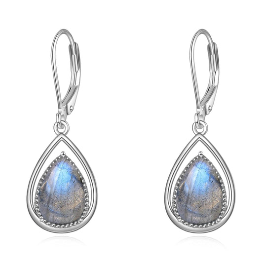 VONALA Labradorite Earrings 925 Sterling Silver Labradorite Leverback Earrings Teardrop Dangle Dangling Earrings Jewelry Gift for Women