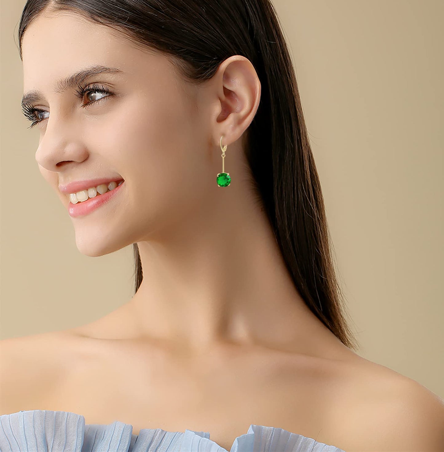 VONSSY Gemstone Drop Dangle Earrings | Platinum/Gold Plated Leverback Crystal Cubic Zirconia Hanging Red/Pink/Blue Earrings (Green-Gold)