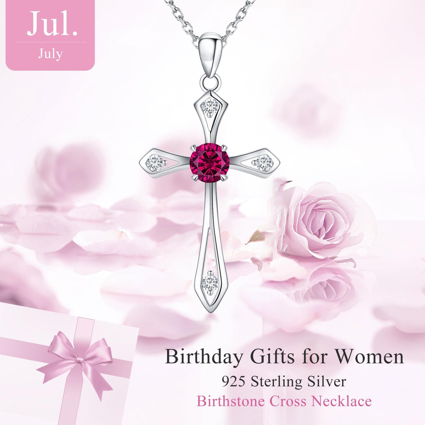 QUALISE Cross Necklace for Women,925 Sterling Silver July Birthstone Necklace Cross Pendant 5A CZ 12 Birth Months Birthstone Fine Ruby Jewelry Birthday Gifts for Her Wife Mom