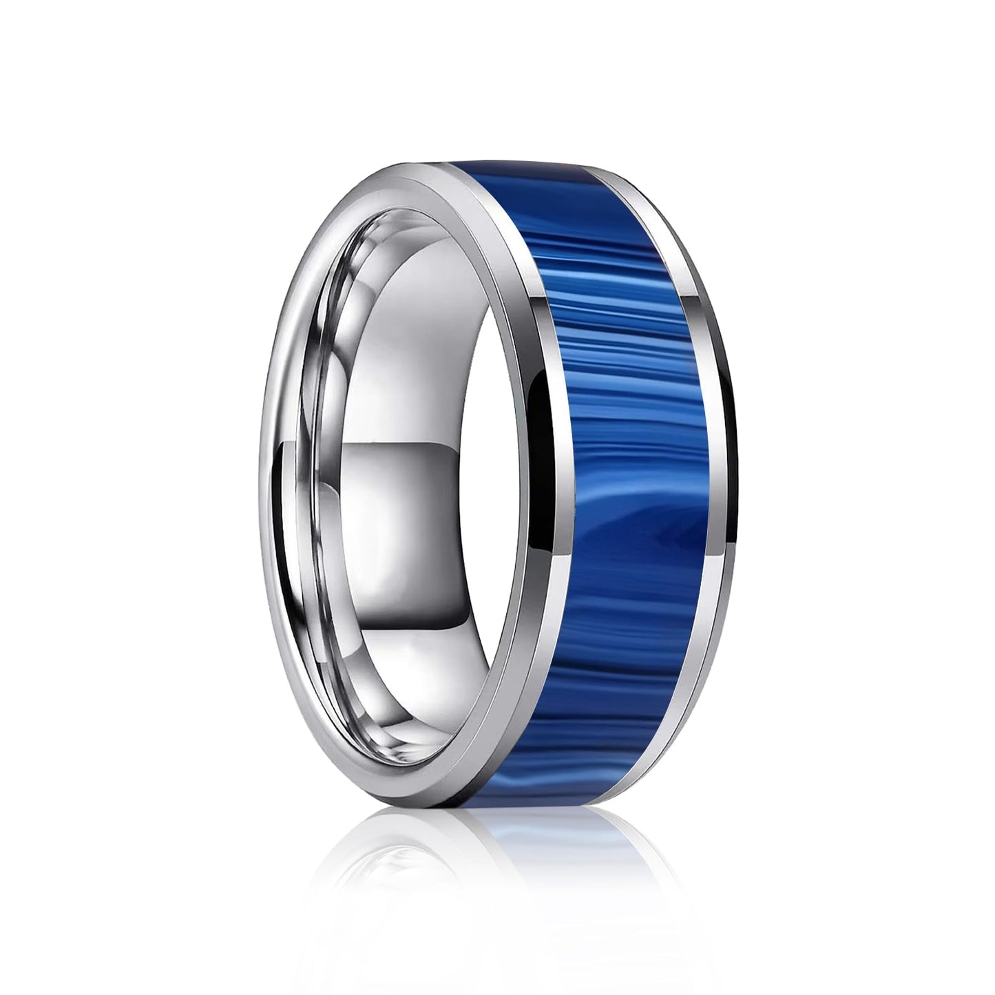 HJIMMNHONG New Carbon Fiber Fashion Rings Double Beveled Edge Delicate Polished Simple Stainless Steel Mens and Women Rings,8mm,Size Available (Peacock Blue, 8)